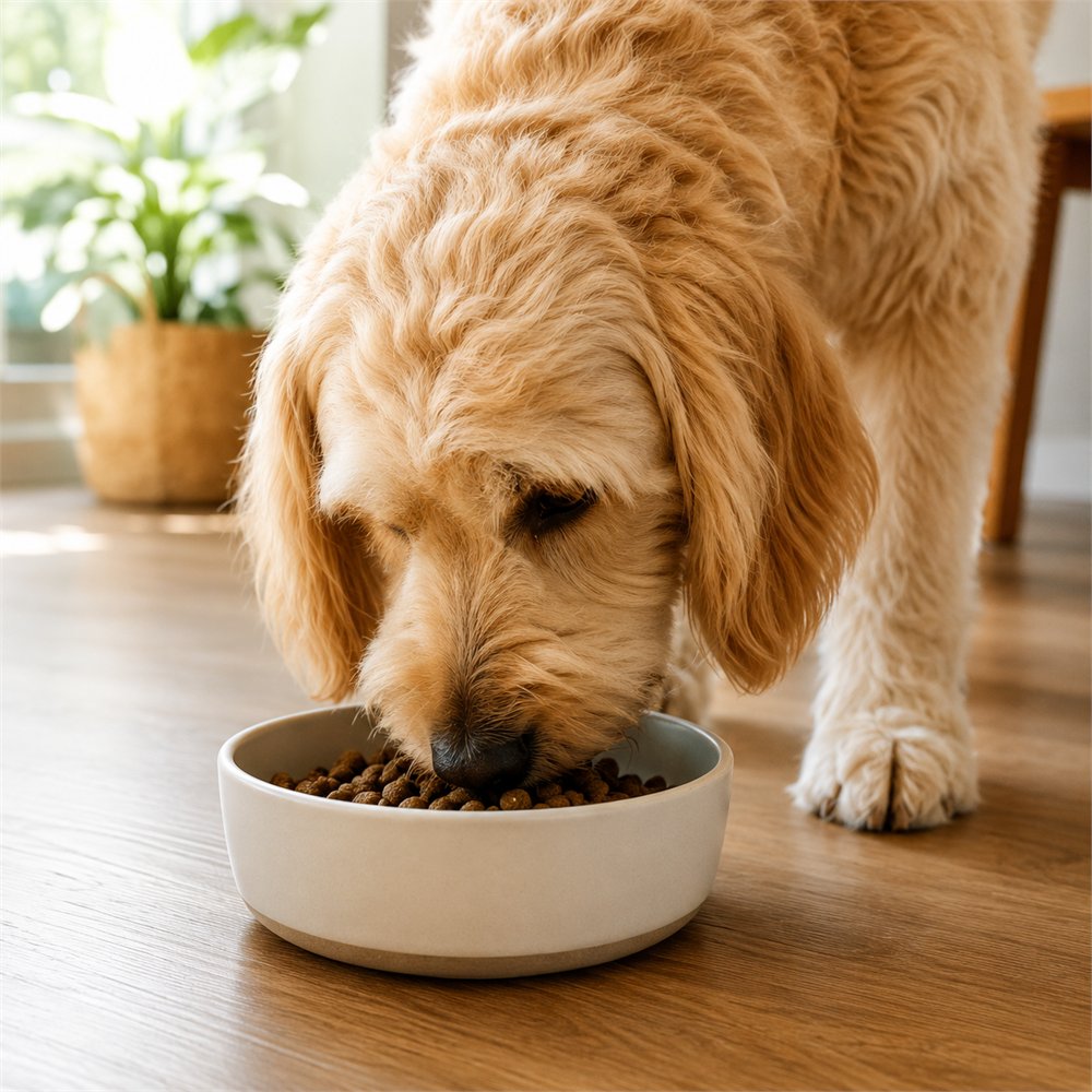 A dog happily eating from its bowl