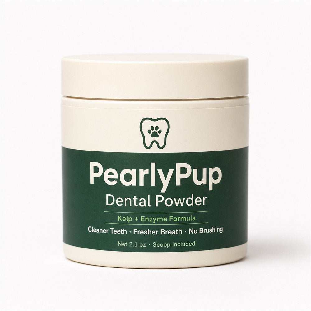 Jar of PearlyPup Dental Powder, front of pack