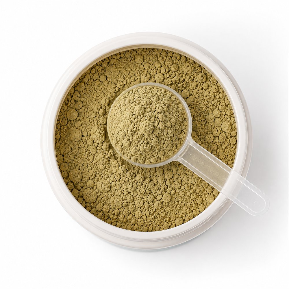 Close-up of the green PearlyPup dental powder from above